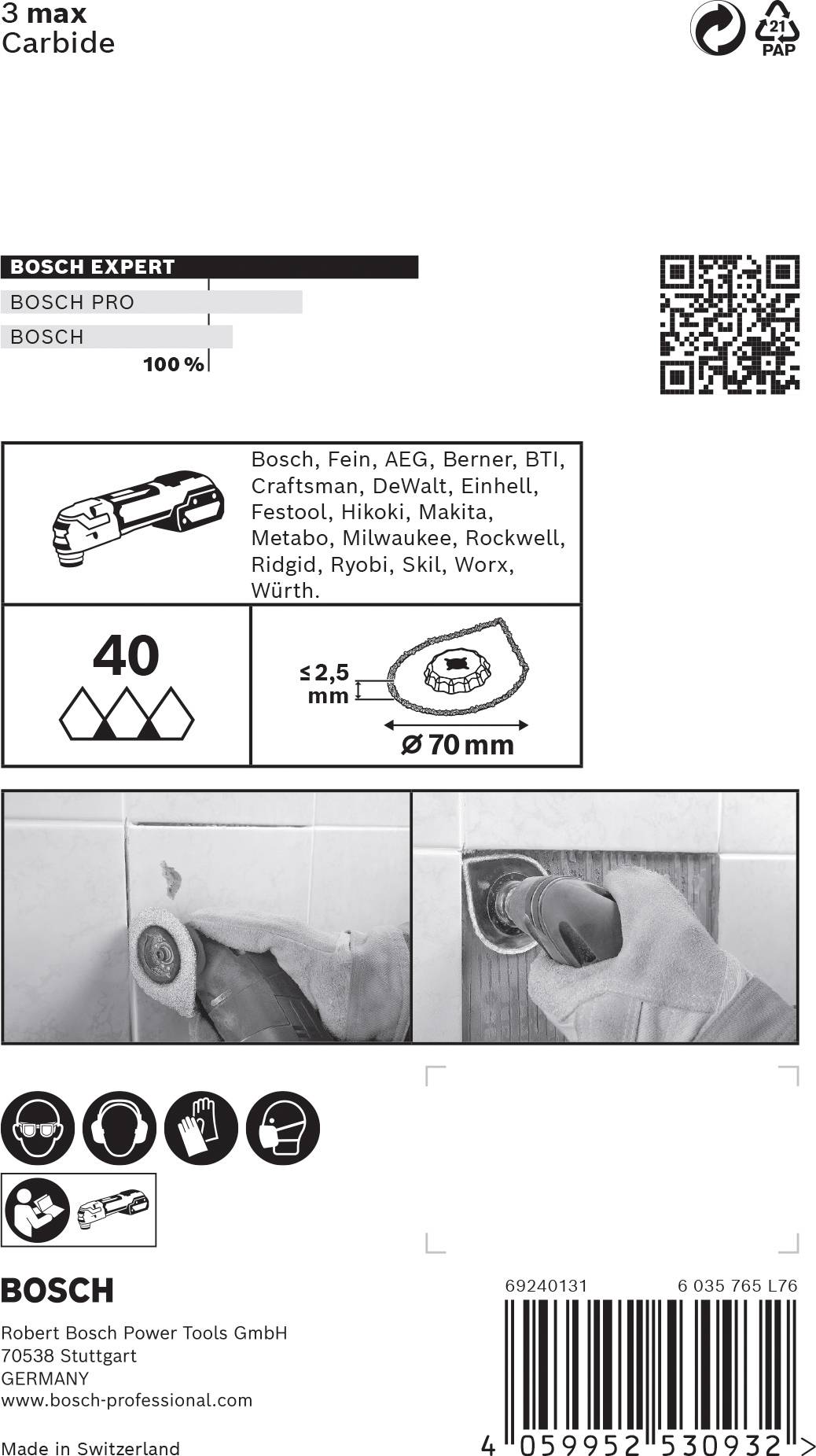 Borr-set förpackning: SDS max-fäste, passar till slagborrmaskin. Innehåller symboler och QR-kod. Lämplig för betong, tegel, sten.