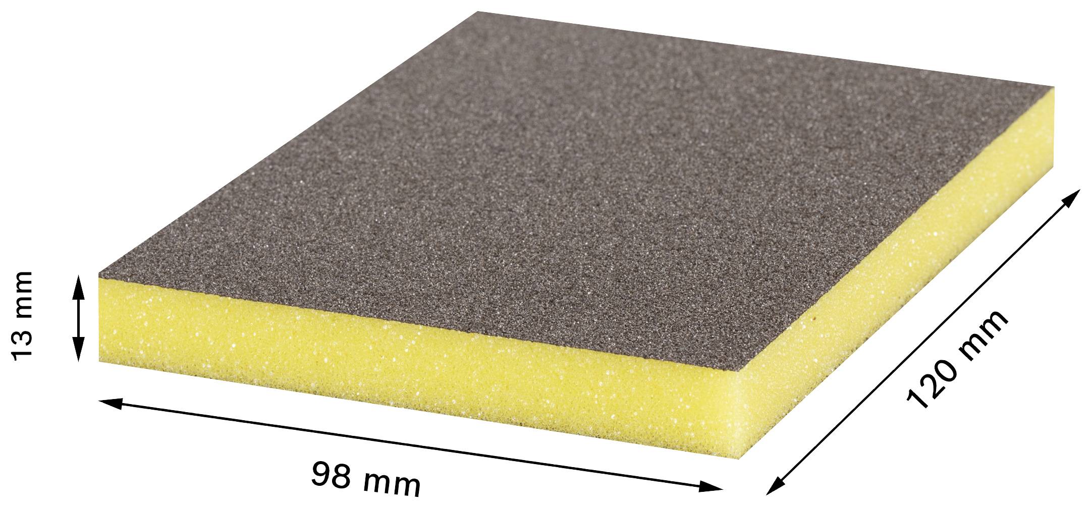 En rektangulär slipsvamp med måtten 120 mm x 98 mm x 13 mm. Ovansidan grå, undersidan gul.