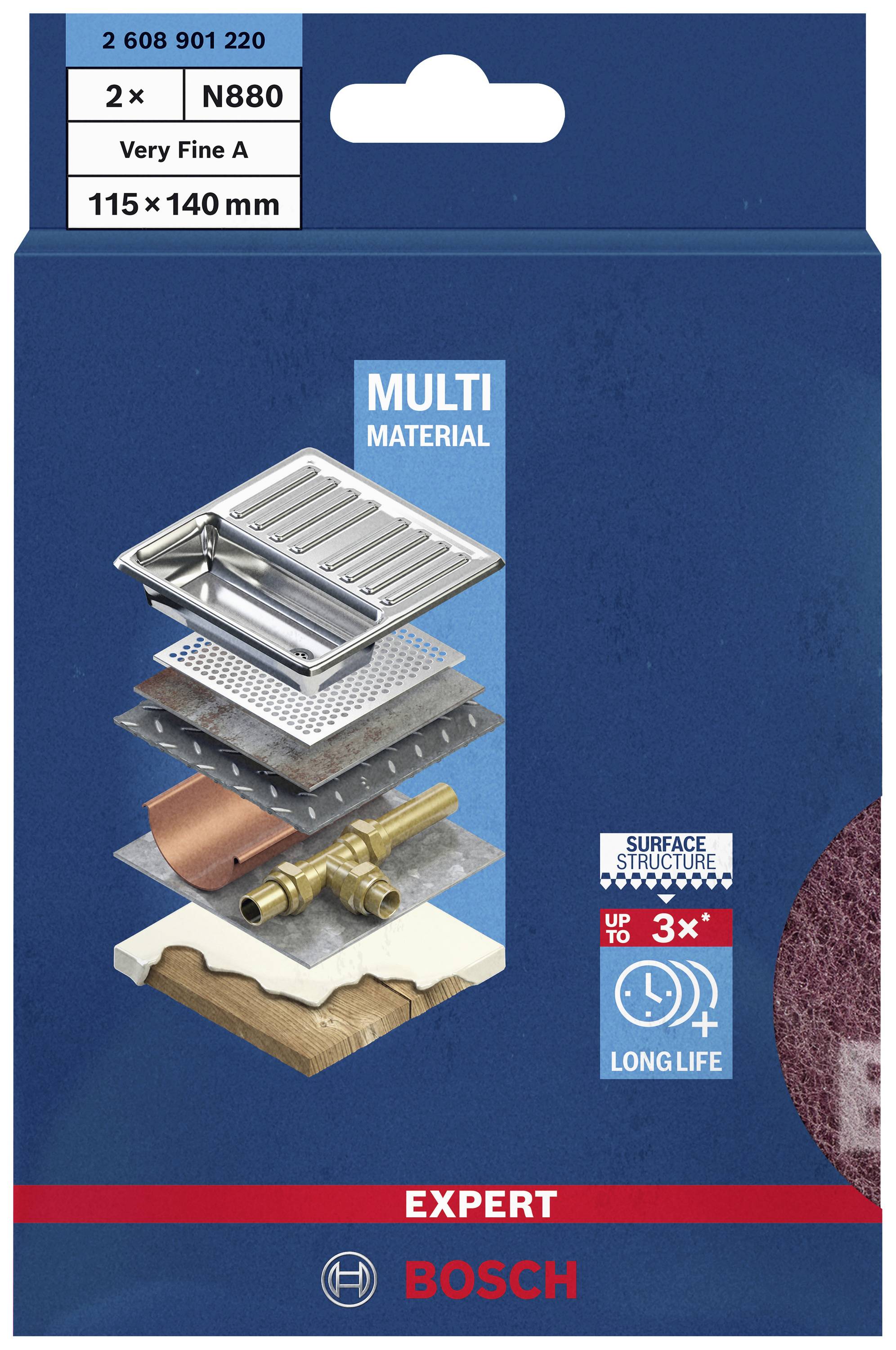 Förpackning för 'Bosch Expert' multimaterial slipblad, storlek 115 x 140 mm, mycket fin kornstorlek A, för olika ytor.