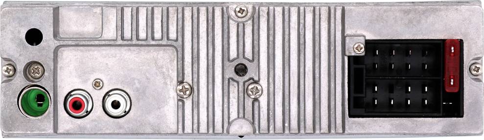 Bakifrån av en bilradio med anslutningsuttag och platser för antenn- och högtalarledningar. Vänster: gröna, röda och vita uttag. Höger: rektangulär anslutningsblock.