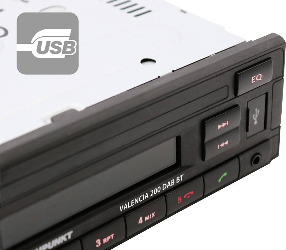 Bilradio med USB-anslutning och 'VALENCIA 200 DAB BT'-etikett på framsidan, EQ- och uppspelningsknappar synliga.
