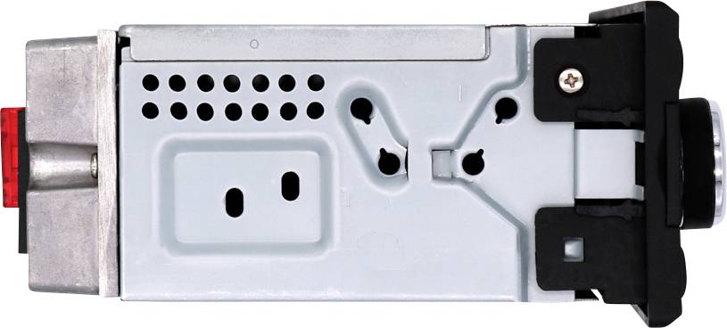 Bilradio med metallisk frontpanel och reglage, visar anslutningar och ventilationsspringor.