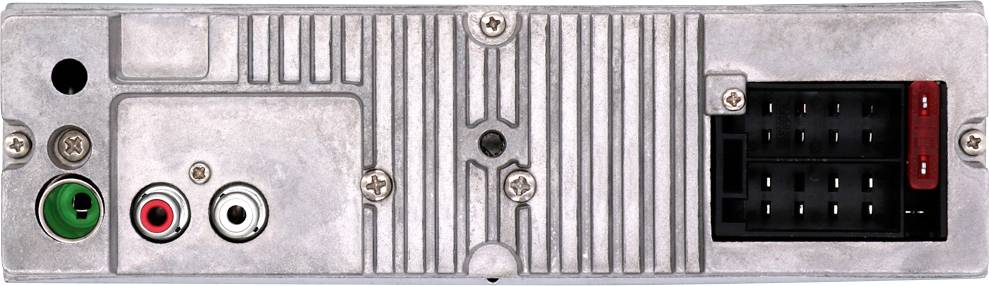 Bakre vy av en bilradio med anslutningsuttag för högtalare, strömförsörjning och antenn.