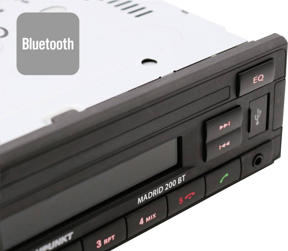 Bilradio med varumärkes- och modellnamnet 'Madrid 200 BT' visas. Den har Bluetooth-funktionalitet och kontrollknappar för uppspelning och equalizer.