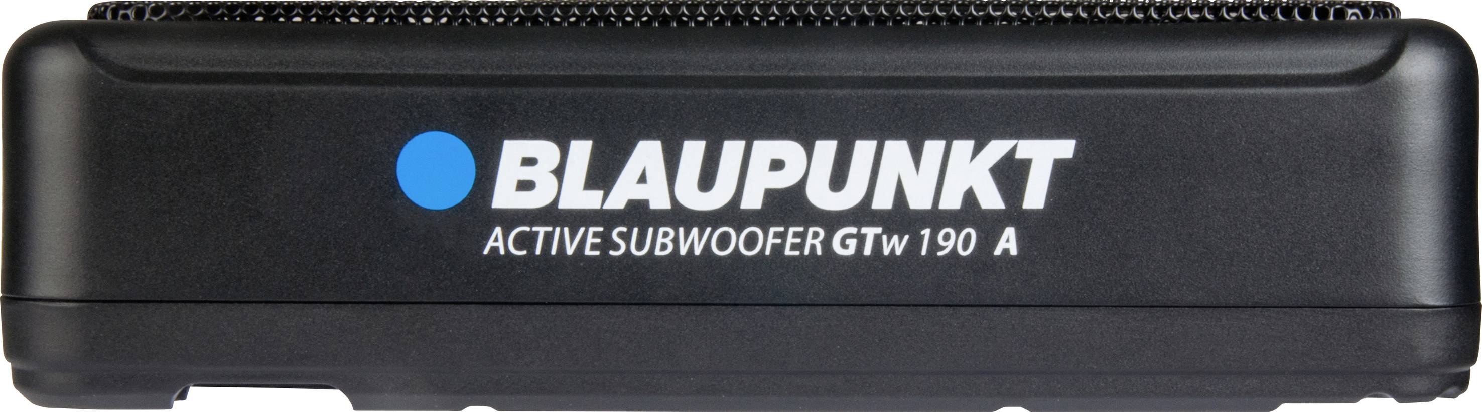 Aktiv subwoofer från Blaupunkt, modell GTw 190 A. Svart hölje med blått logo och vit text.