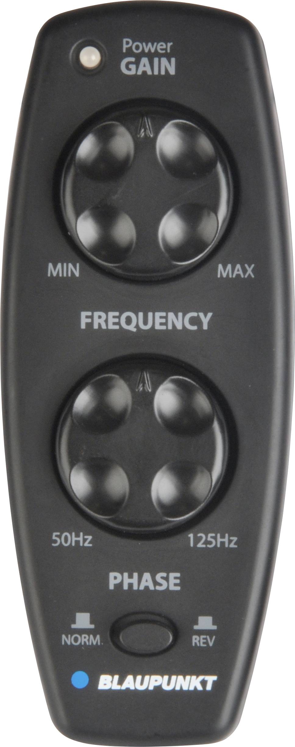 En volymregulator från märket Blaupunkt med beteckningarna 'Power', 'Gain', 'Frequency' (50 Hz till 125 Hz) och 'Phase' (Norm/Rev).