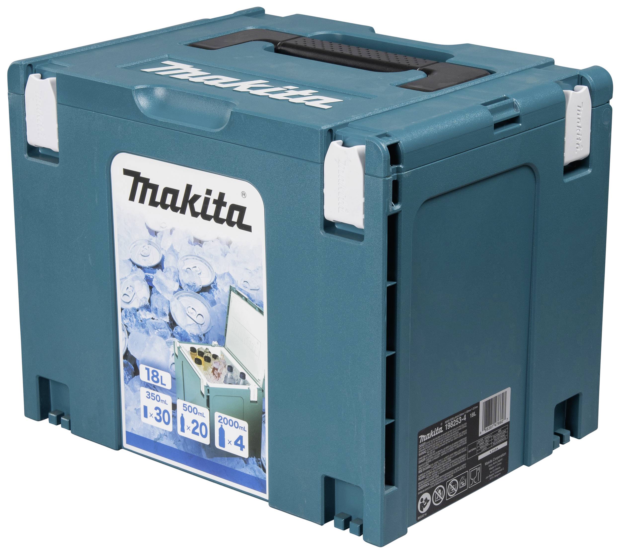 En turkosblå Makita-kylbox med bärhandtag och låsanordningar. På framsidan finns illustrationer och uppgifter om kapacitet.