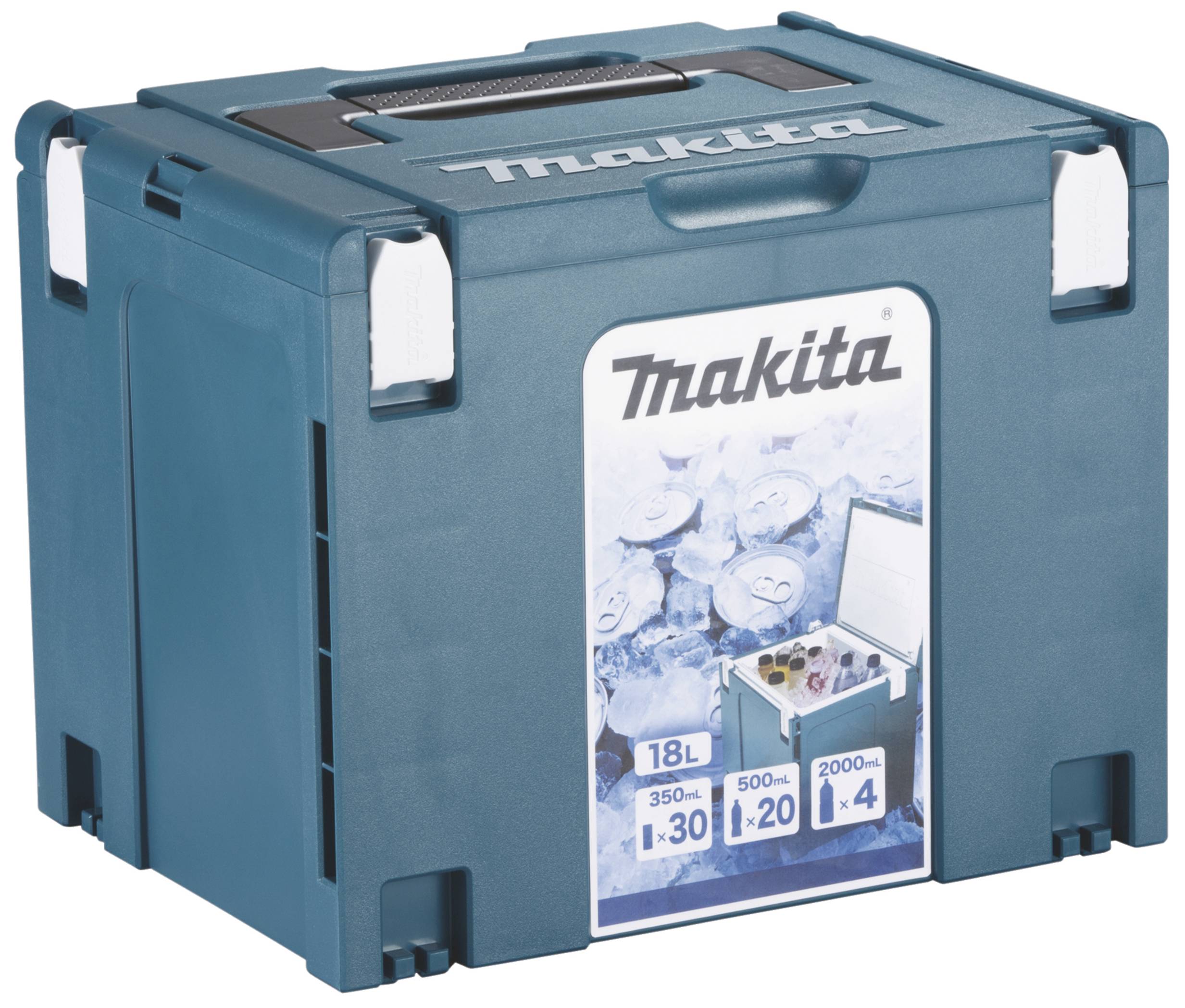 Blå Makita-verktygslåda med svart handtag och varumärkeslogotyp överst. Framsidan visar bild och specifikationer: 18 liters volym.