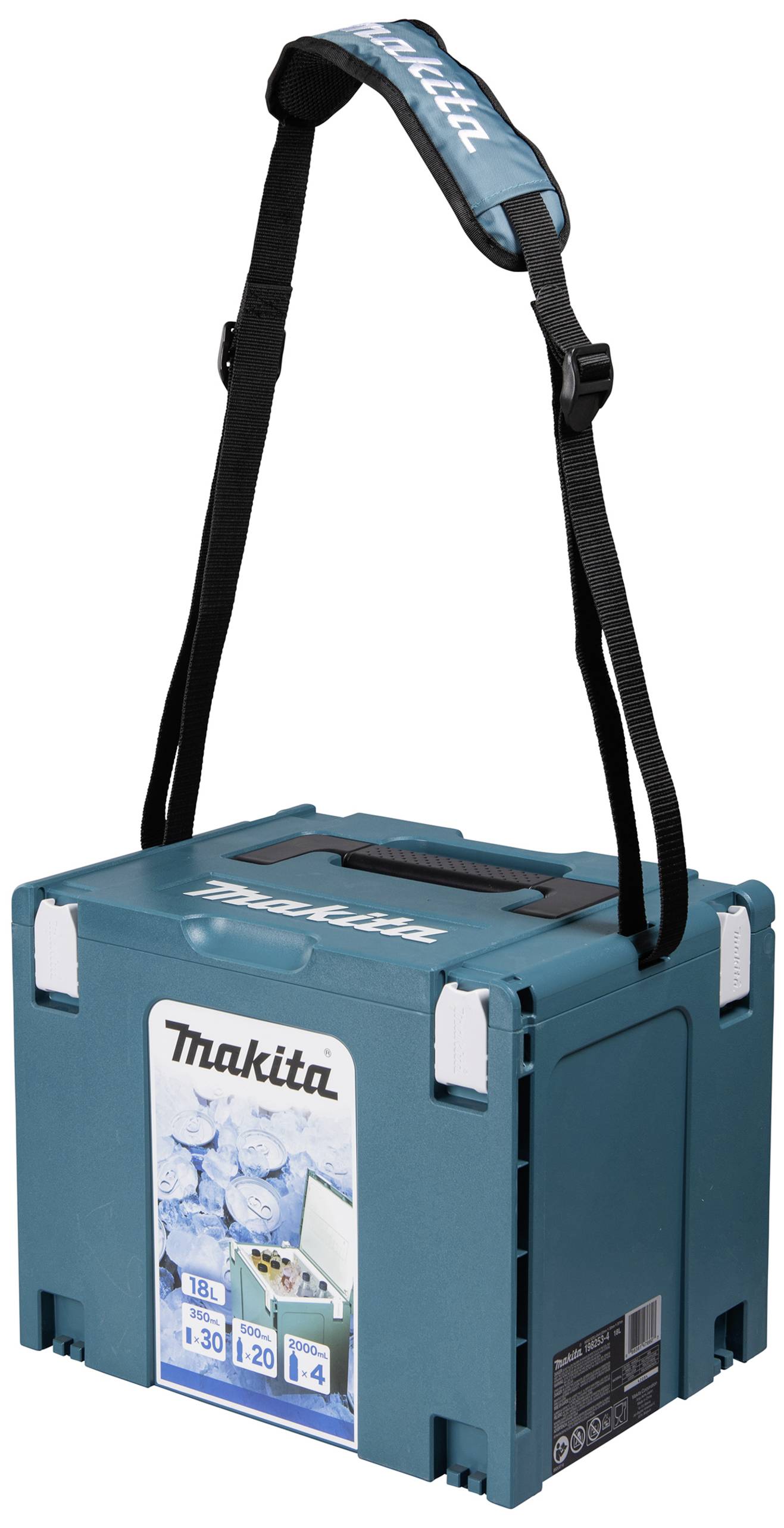 Turkos kylväska med Makita-logotyp, vadderad axelrem och isbitsmönster. Lämplig för transport och kylning av drycker.