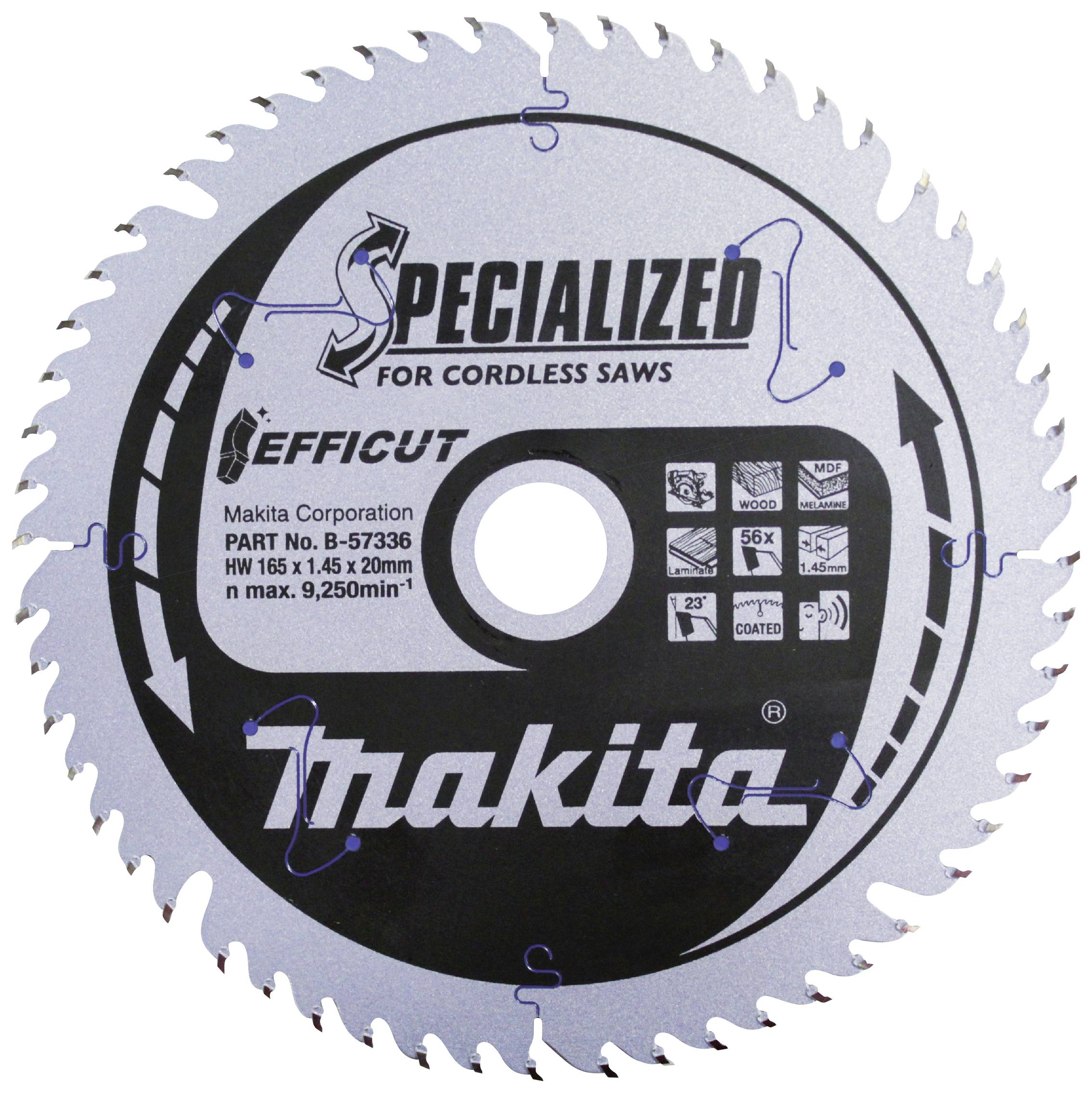 Makita-sågblad för sladdlösa sågar, modell B-57336, 165 mm diameter, maximal effekt 9 250 varv/min, lämplig för trä.