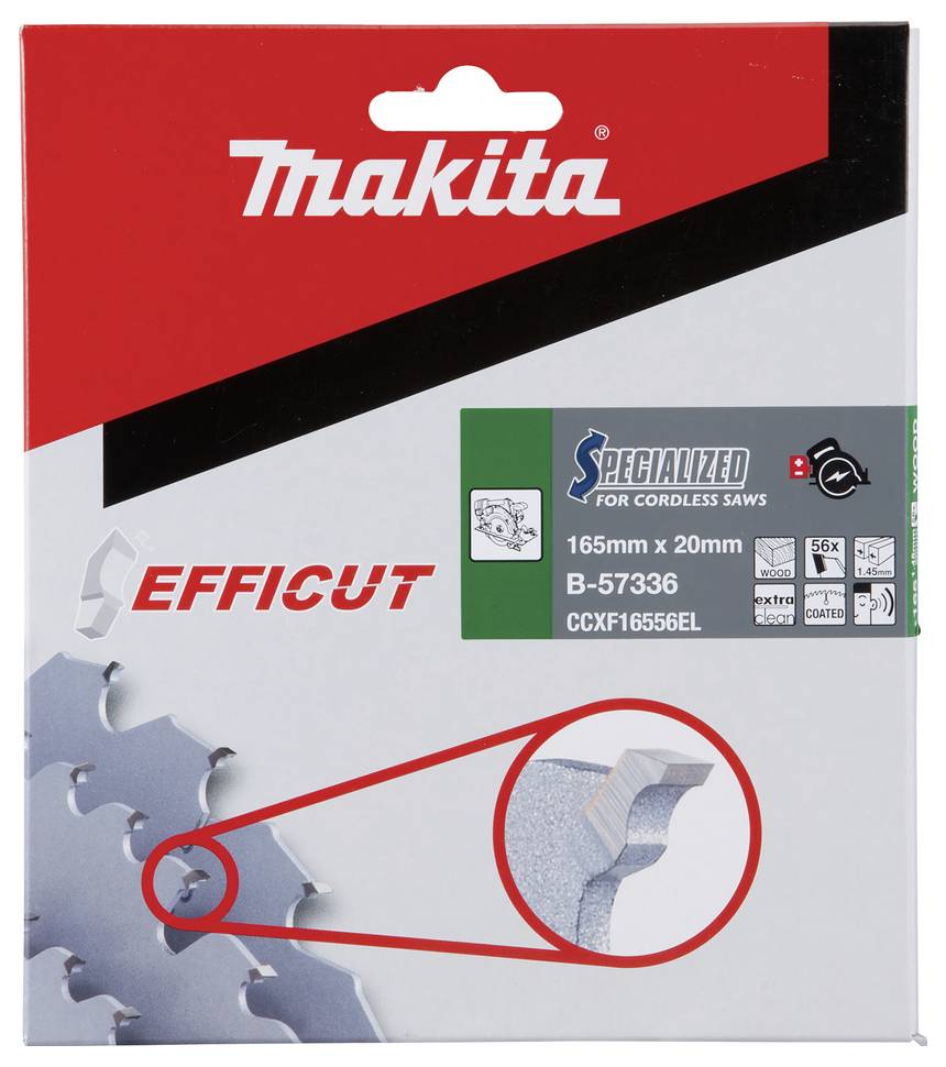 'Makita Efficut' 165 mm sågblad förpackning för sladdlösa sågar. Presenterar 'Specialized' varumärke och tekniska specifikationer.