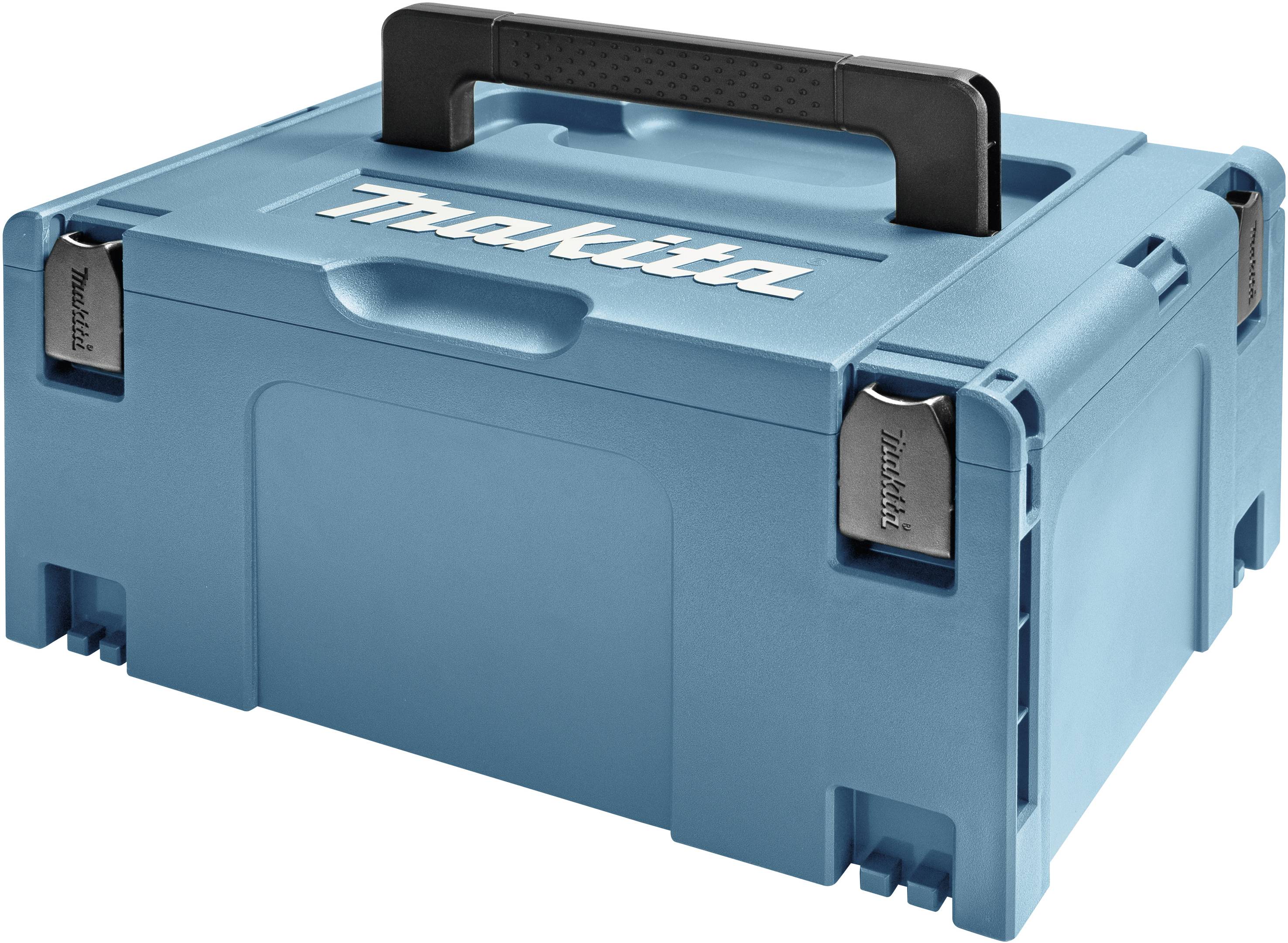 Blå Makita-verktygsväska med svart handtag, robust design för säker transport av verktyg.