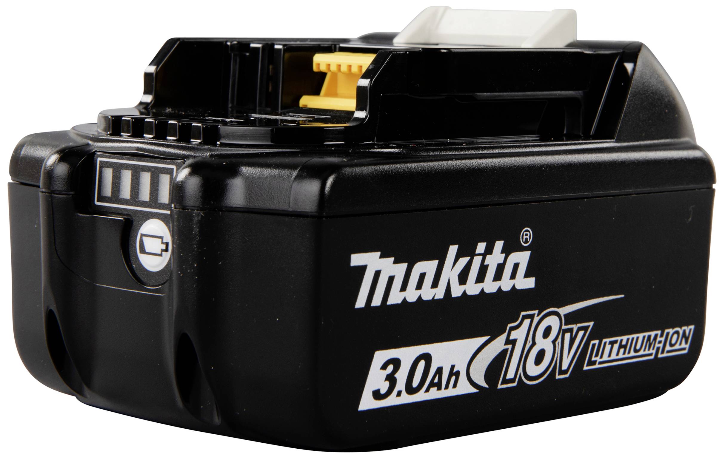 Svart 18V litiumjonbatteri med Makita-logotyp, 3,0 Ah kapacitet; laddningsstatusindikator visar tre staplar, gult gränssnitt överst.