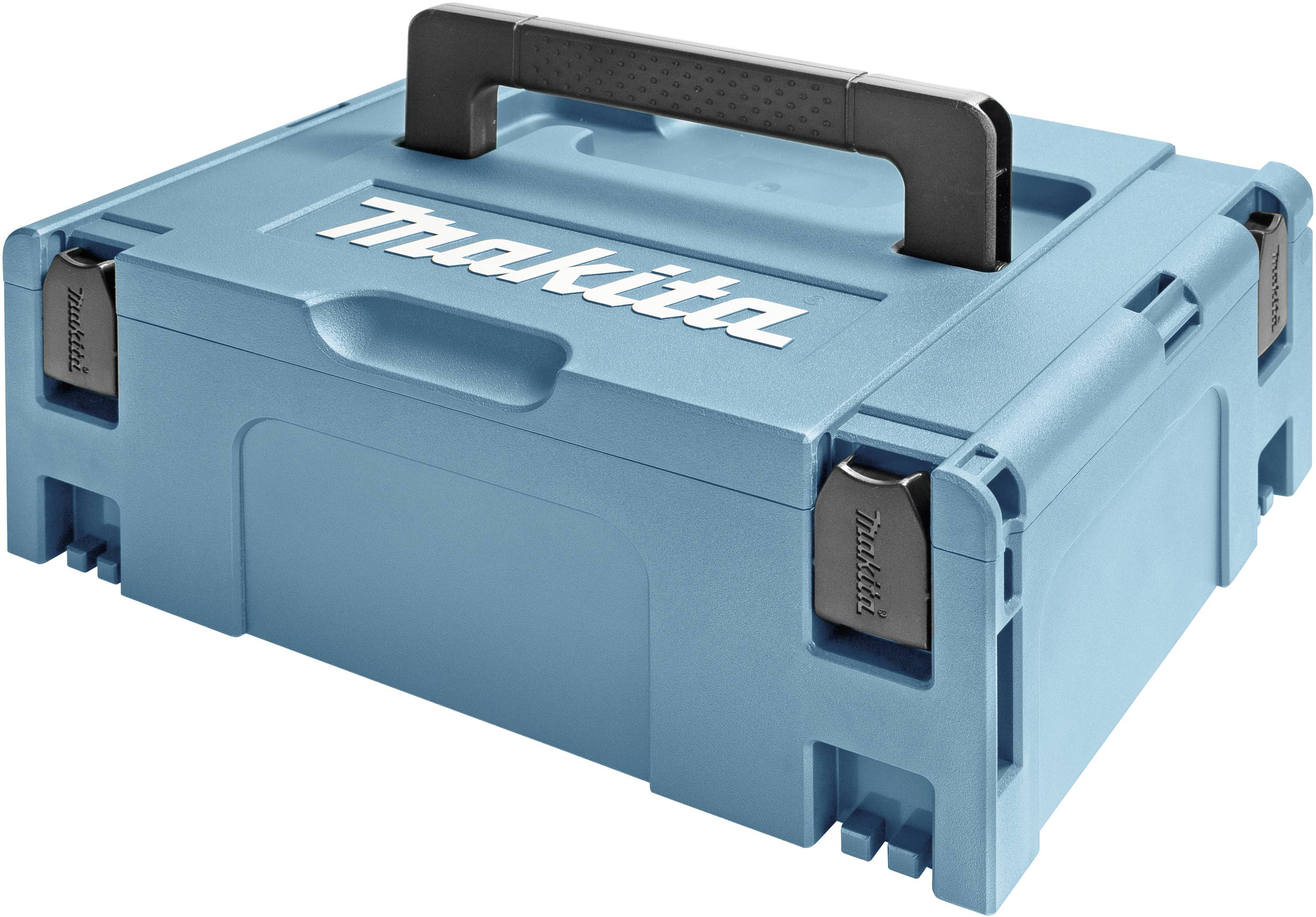 Blå väska med svart handtag, 'Makita'-logotyp överst. Robust, låsbar och lämplig för transport av verktyg.