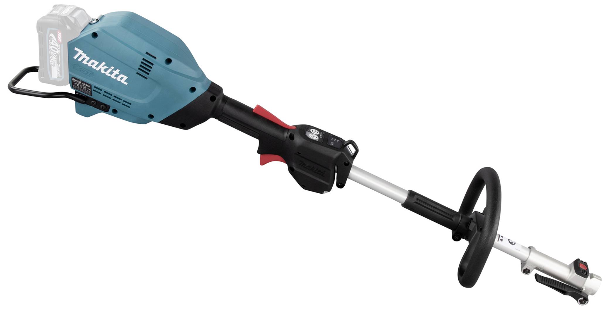 Elektrisk grästrimmer med blått hölje och svart handtag, lämplig för trädgårdsbruk. Batteridrift, varumärke på höljet.