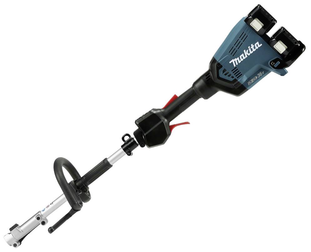 Batteridrivet, blått rivningsverktyg med D-handtag, två batterifack och Makita-logotyp.