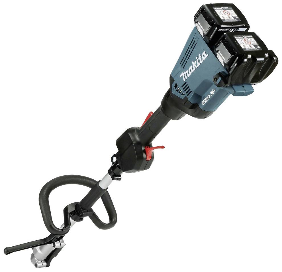 Batteridriven grästrimmer från Makita, modell med två batterier. Lämplig för sladdlös gräsklippning med justerbart handtag.