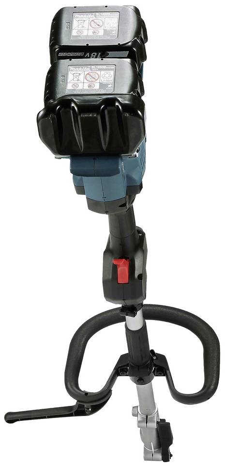 En elektrisk handhållen trimmer med dubbel batterienhet och ergonomiskt grepp. Perfekt för häck- och gräskantsskötsel.