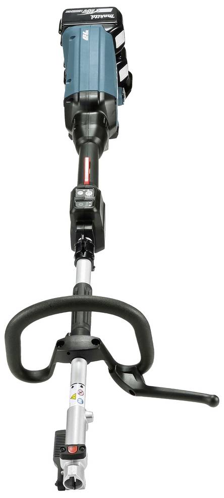 Batteridriven grästrimmer med blått hölje, ergonomiskt handtag och kontrollpanel. Lämplig för precisionsklippning av gräs.