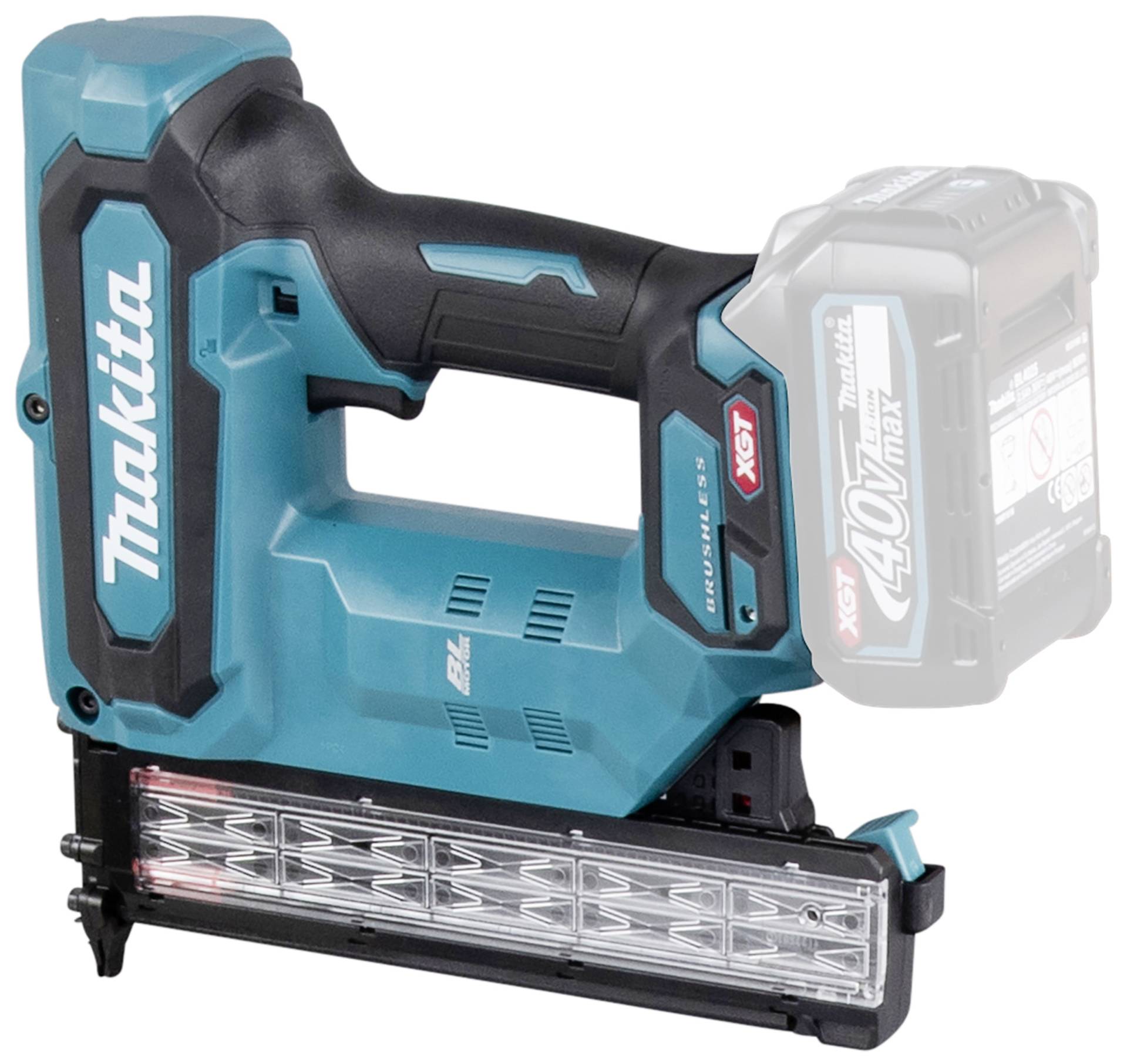 Sladdlös spikpistol från Makita i turkos och svart, med synligt magasin och påsatt batteri. 40V, XGT-modell för byggnadsarbeten.