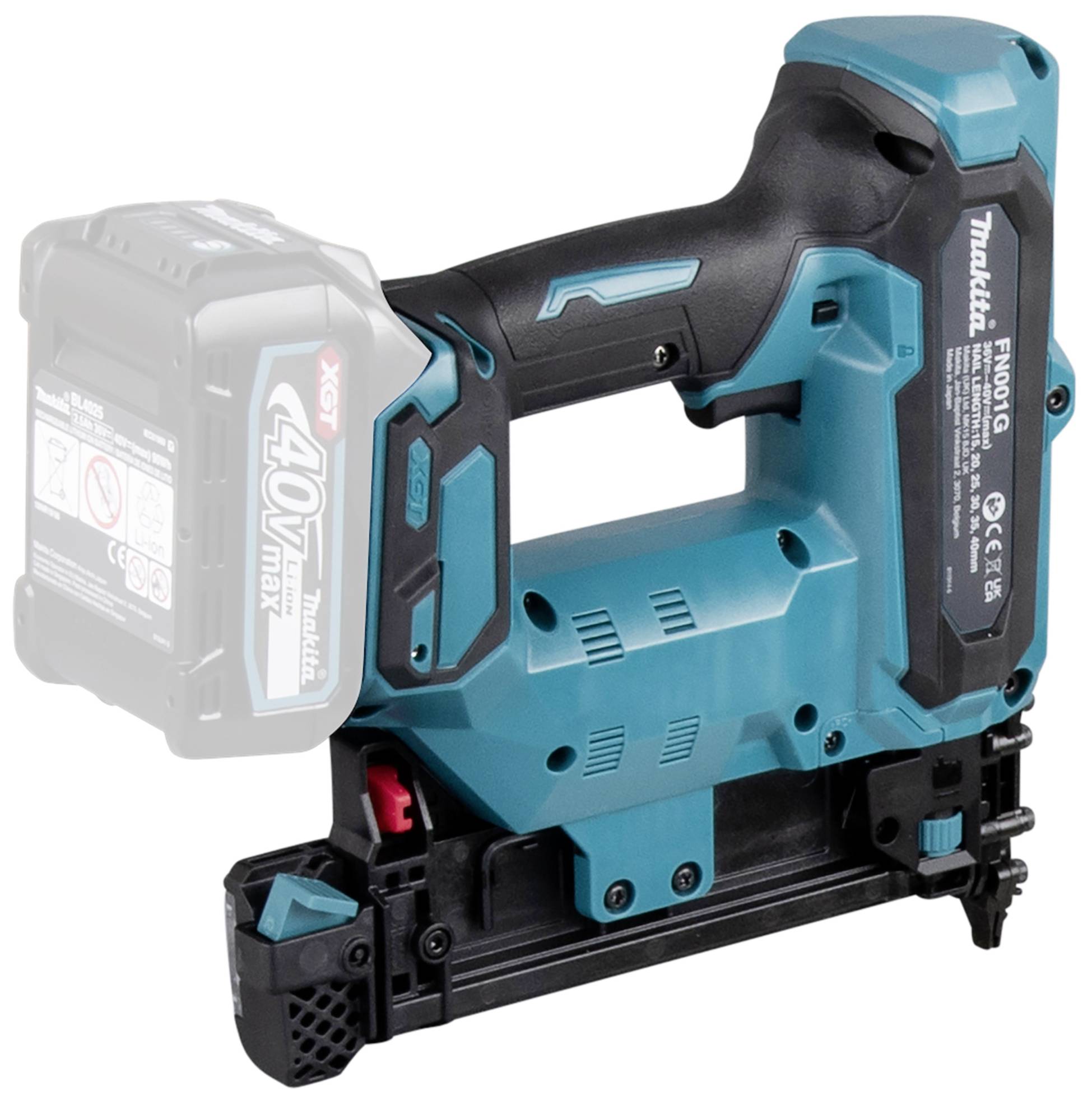 En sladdlös, blå och svart batteridriven häftpistol från märket Makita, visar batteriets position och riktning på baksidan.