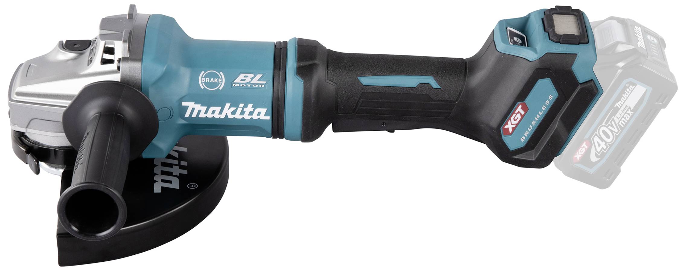 En sladdlös vinkelslip från märket Makita, modell XGT, med ergonomiskt handtag och blå kåpa.