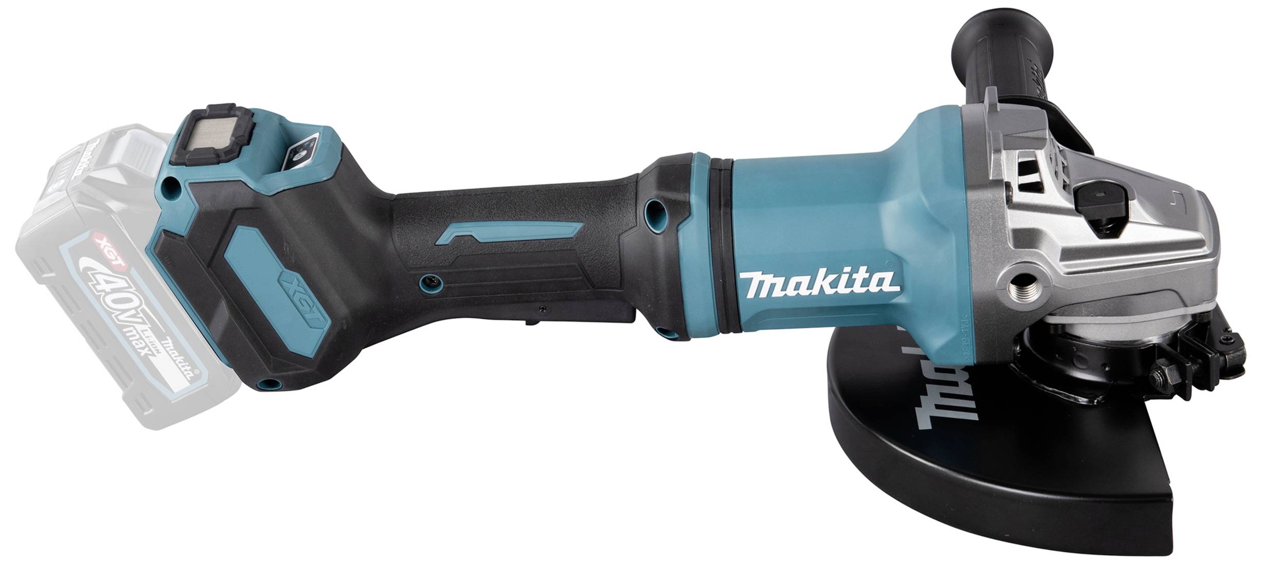 Makita batteridriven vinkelslip med blått hölje och handtag. Till vänster syns ett delvis lithium-jonbatteri.