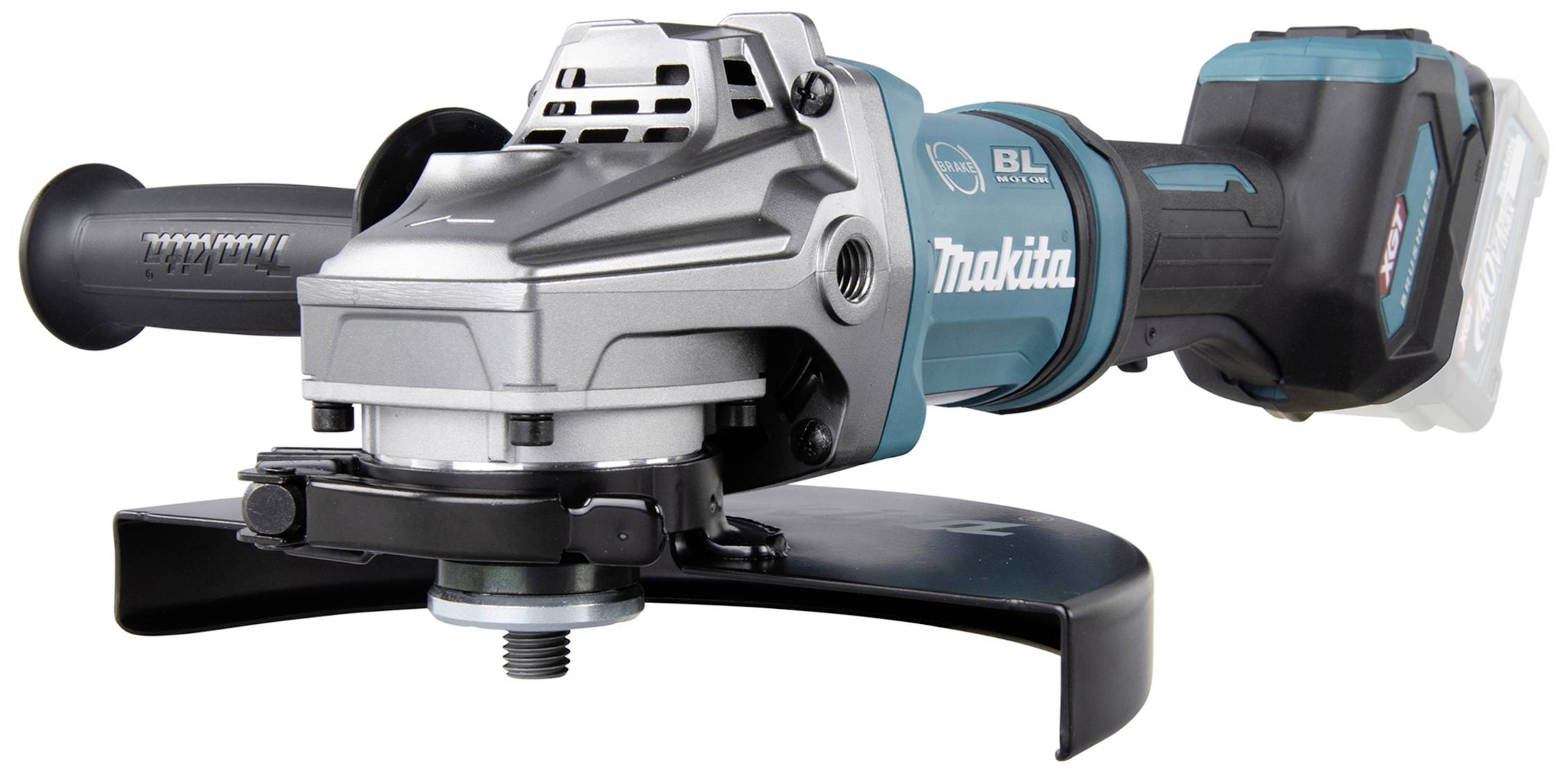 Batteridriven vinkelslip, Makita, grå-blå, med skyddshuv och ergonomiskt handtag, för bekväm slipning och skärning.
