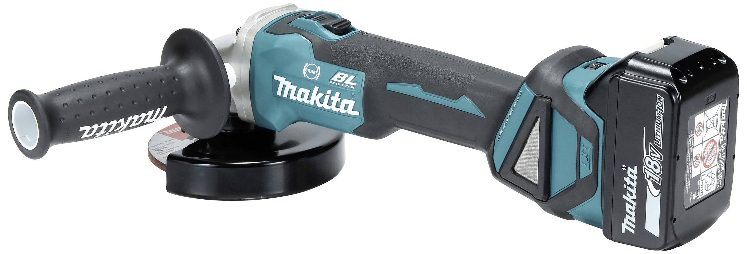 Batteridrivet vinkelslipverktyg i turkos och svart, liggande till vänster. Varumärket synligt, batteri fäst vid baksidan.
