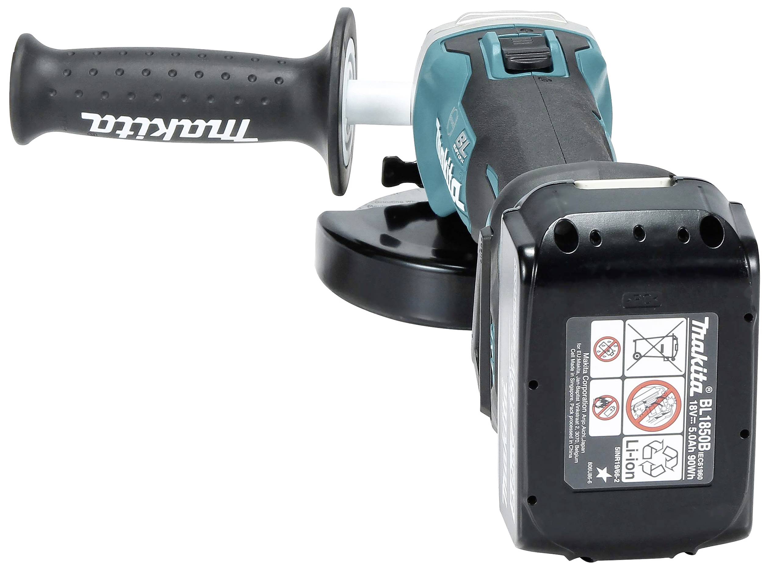 En Makita vinkelslimaskin med svart handtag och blå kåpa; batteridrift, modell BL1850B.