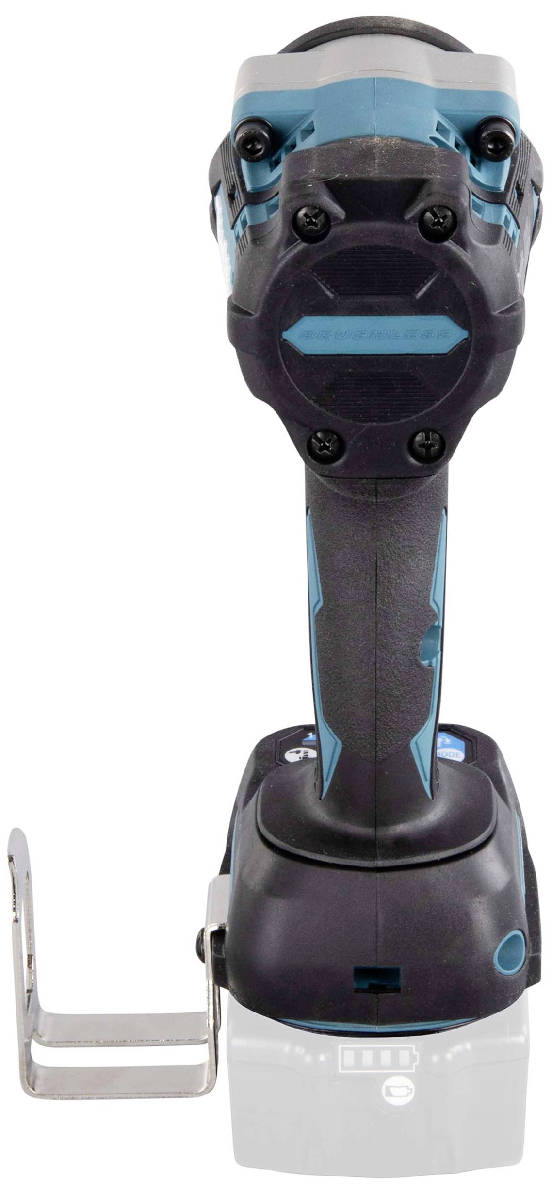 Sladdlös skruvdragare i blå-svart färg, med sidoplacerad design, metallkrok och batteri nedtill. Lämplig för hemmarenoveringar.