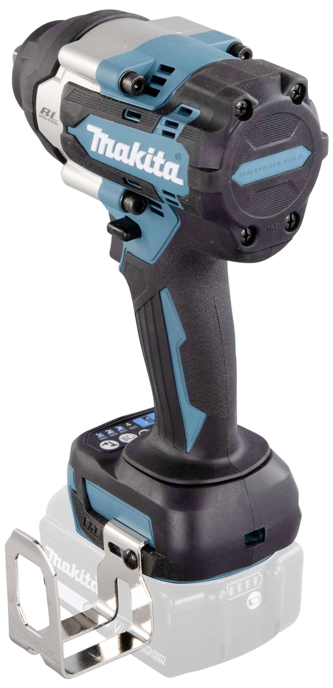 Makitas elektriska slagskruvmejsel i svart och blått, med ergonomiskt grepp och metallklämma, står upprätt på vit bakgrund.