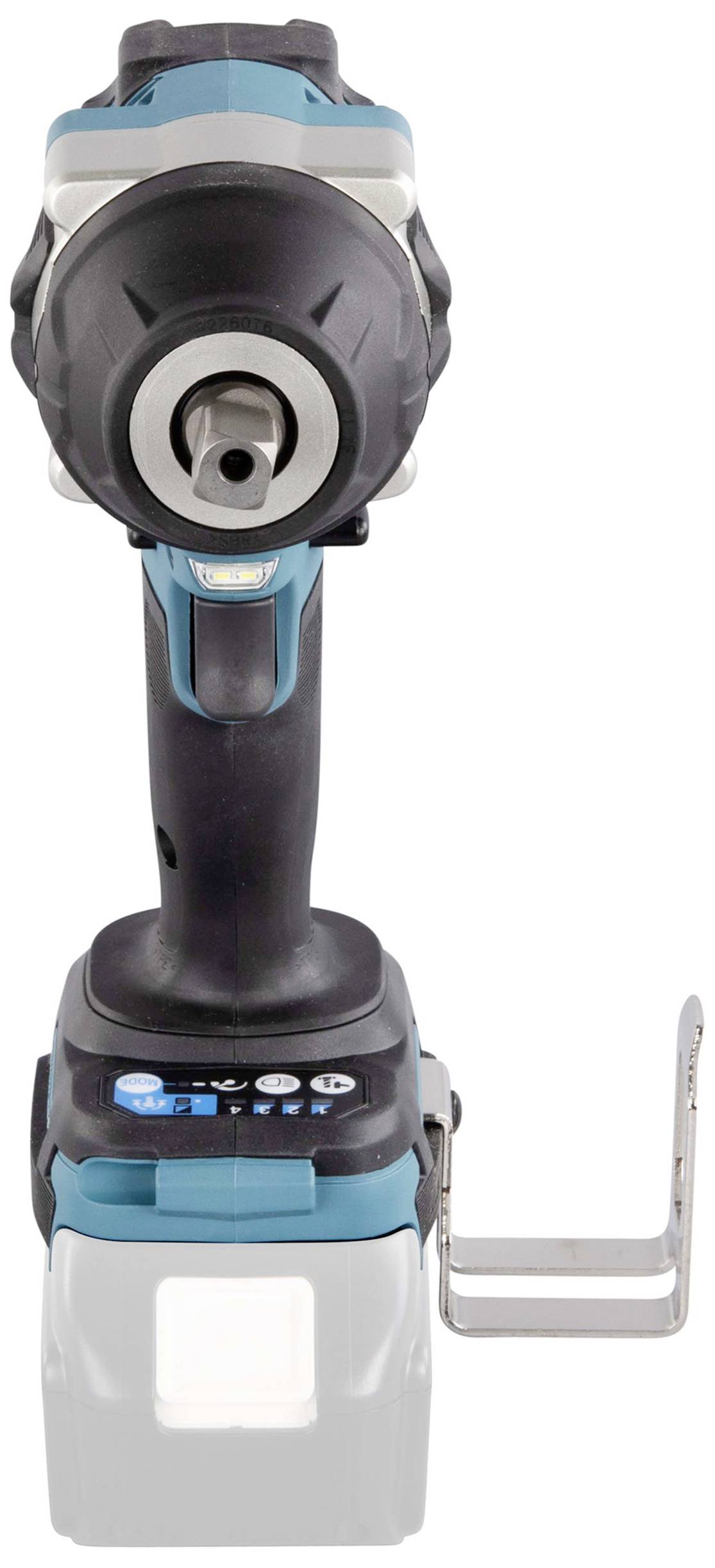 Batteridriven skruvdragare i frontvy, visar skruvhuvudet och handtaget. Den blå-svarta verktygsfärgen och den robusta konstruktionen är synliga.