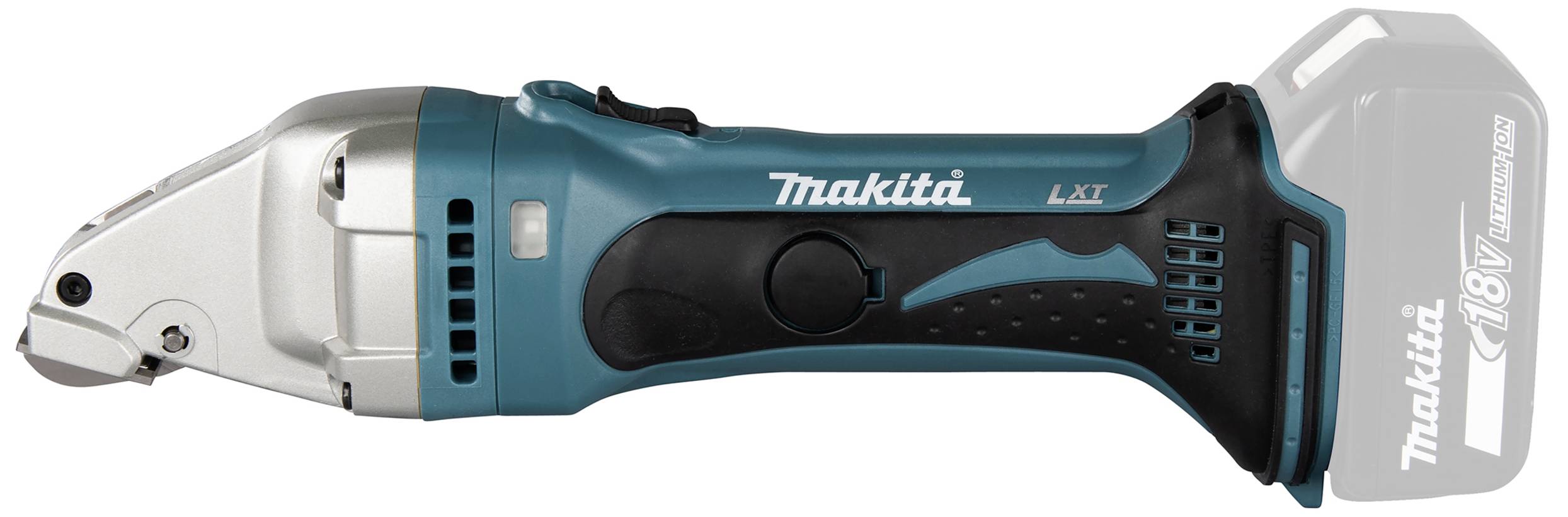 Sladdlös Makita plåtsax i sidovy, blå och svart färg, med 18V litiumjonbatteri.