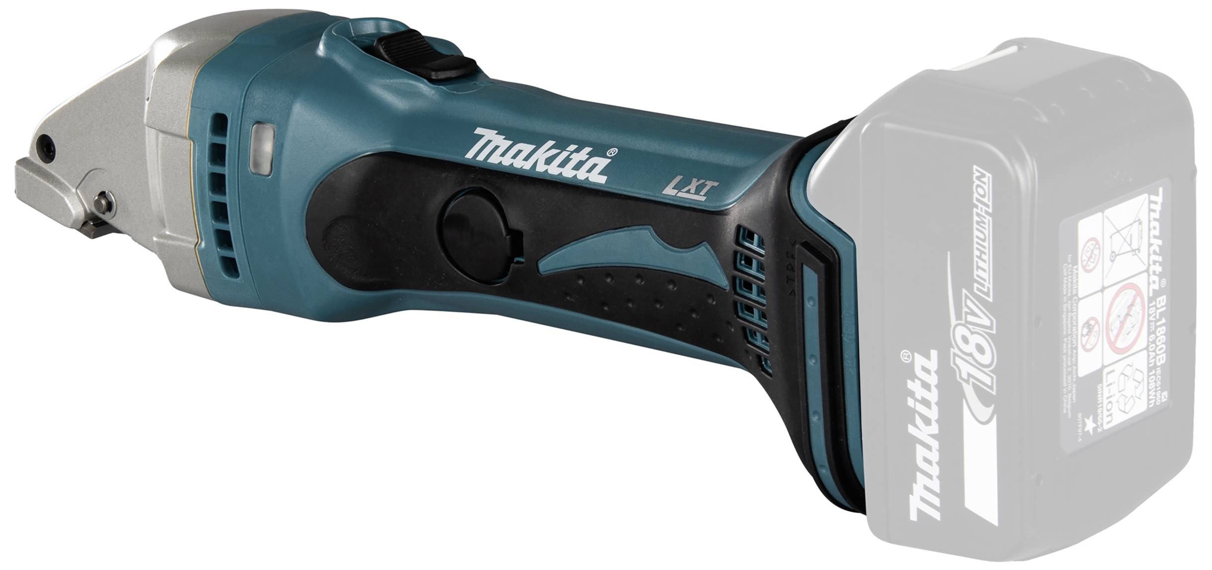 Sladdlös, handhållen Makita 18V sax-skärare i mörkblått. Lämplig för skärning av metall. Batteri och laddningssymbol synliga.