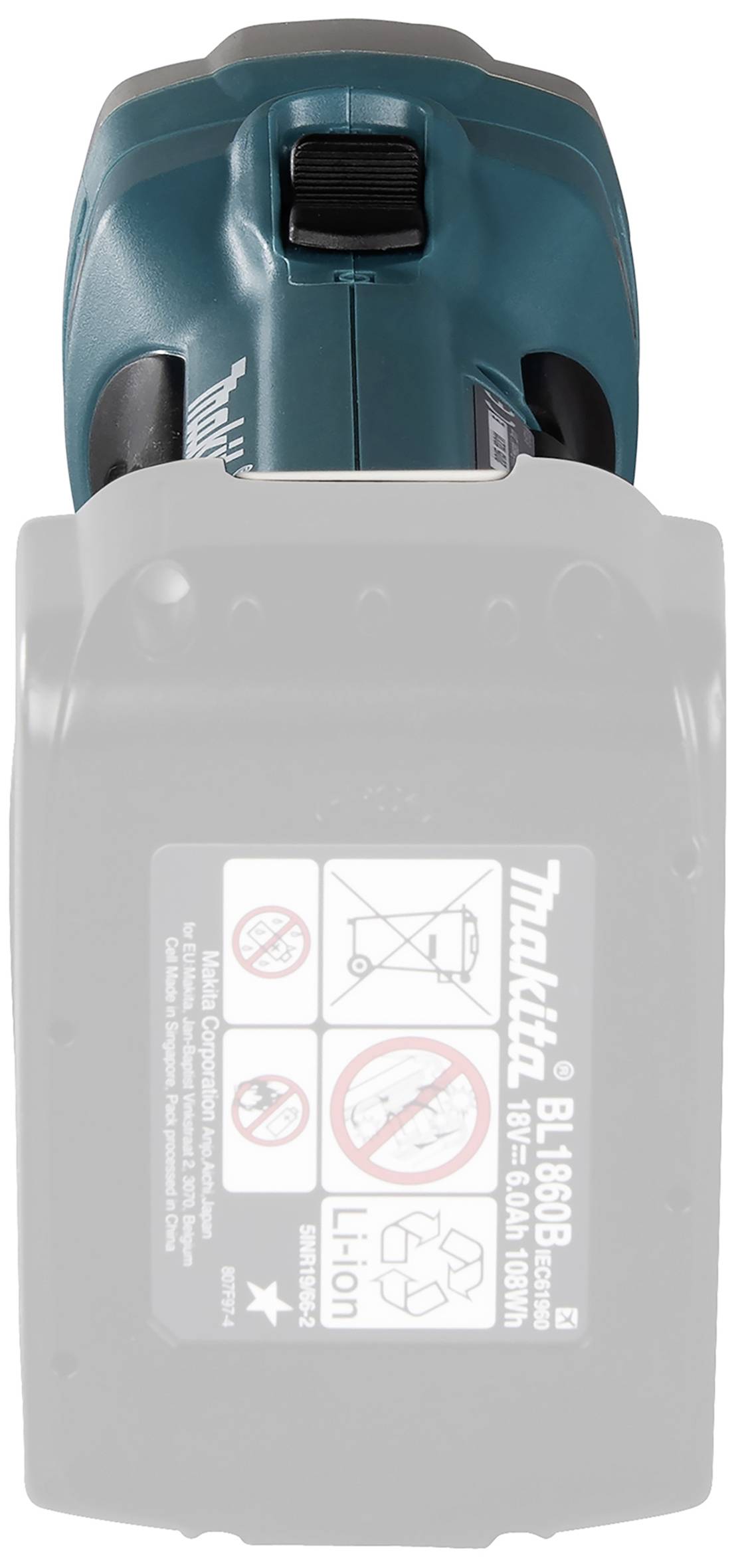 Batteridriven handverktyg i plast med synligt batteri, blå ovansida, tillverkarlogotyp och synliga säkerhetsetiketter.