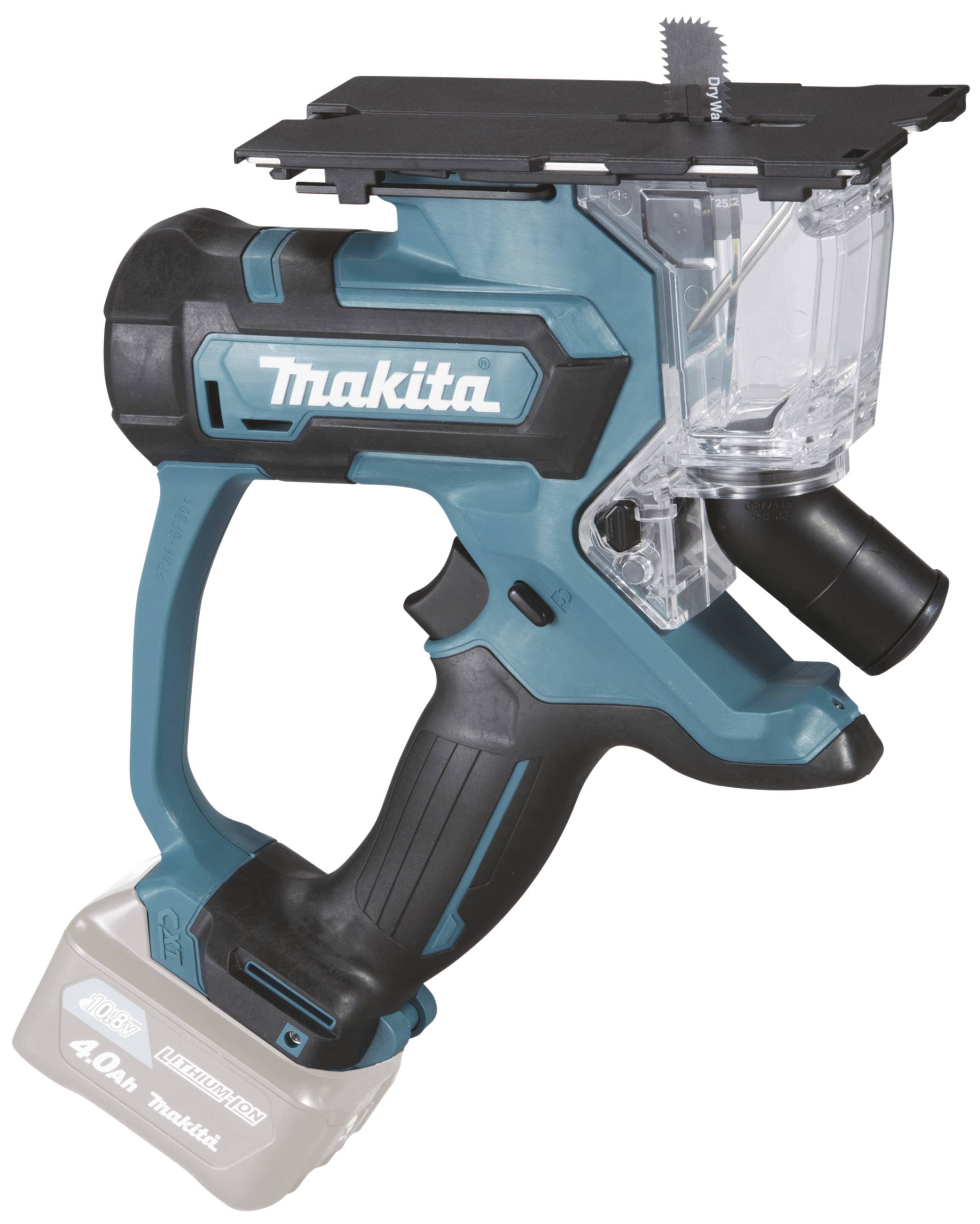 Ett sladdlöst, blå-svart verktyg från Makita, sannolikt en gipsskiveslip, med en genomskinlig dammsamlare och sågblad överst.