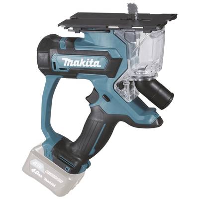 Ett sladdlöst, blå-svart verktyg från Makita, sannolikt en gipsskiveslip, med en genomskinlig dammsamlare och sågblad överst.