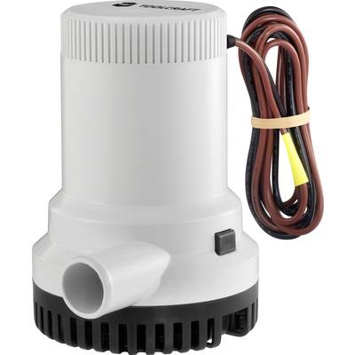 En vit elektrisk vattenpump med svart bas och lång kabel, lämplig för användning i båtar eller för vattenbortledning.