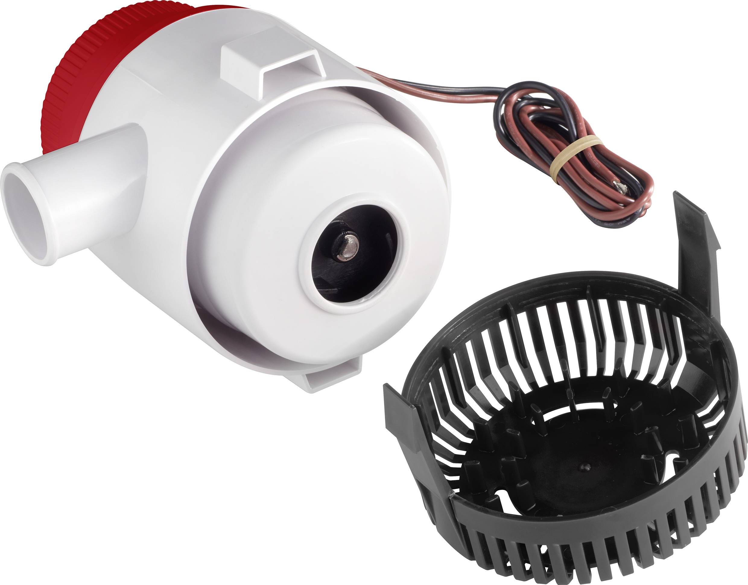 Vit plastpump med röd lock, svart kabel och separat svart gallerkorg, sannolikt avsedd för akvarium eller damm.