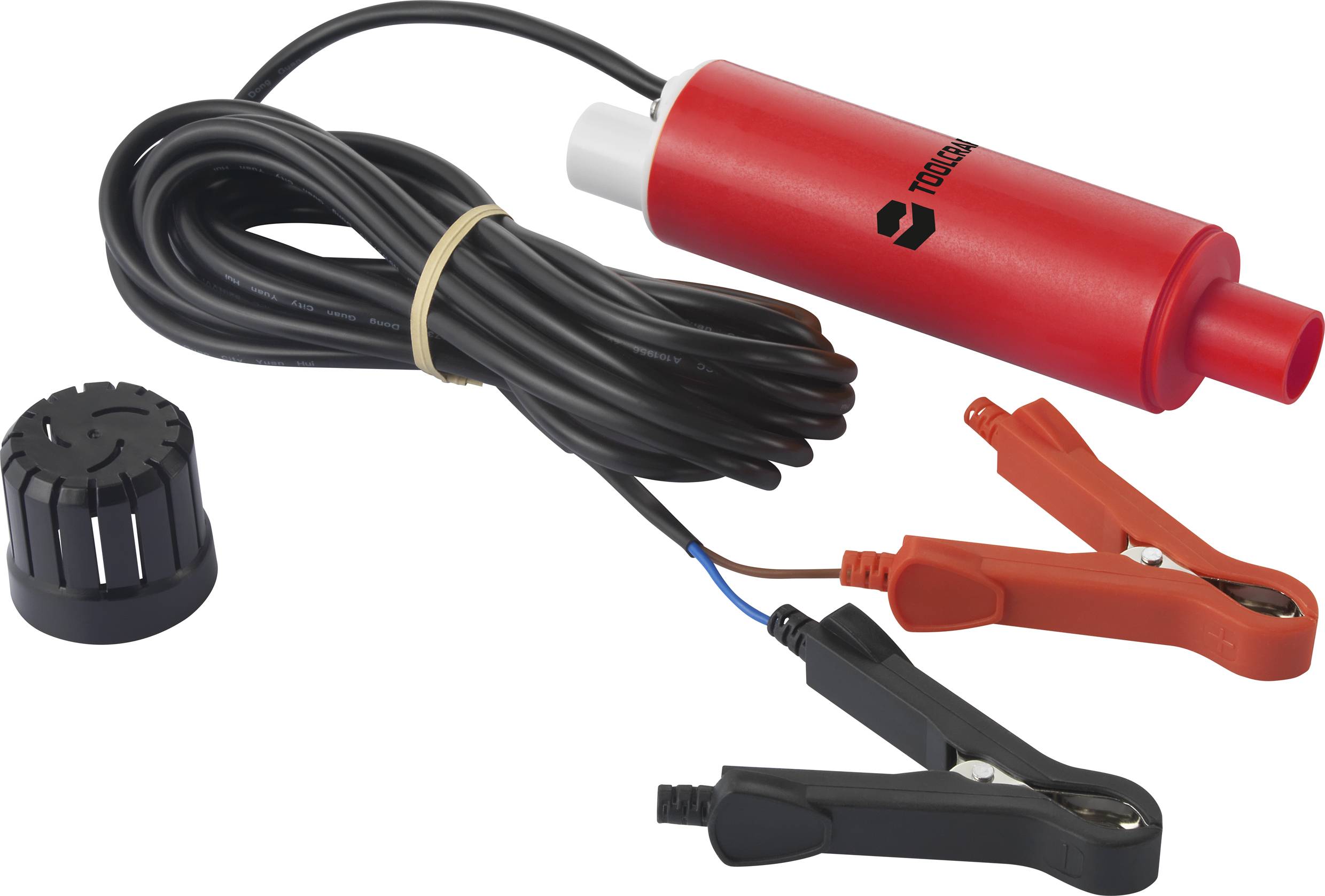 Röd elektrisk vattenpump med kabel och krokodilklämmor, lämplig för anslutning till bilbatterier.