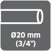 En symbol för ett rör märkt 'Ø20 mm (3/4")', som visar rörets dimensioner i metriska och imperiala enheter.