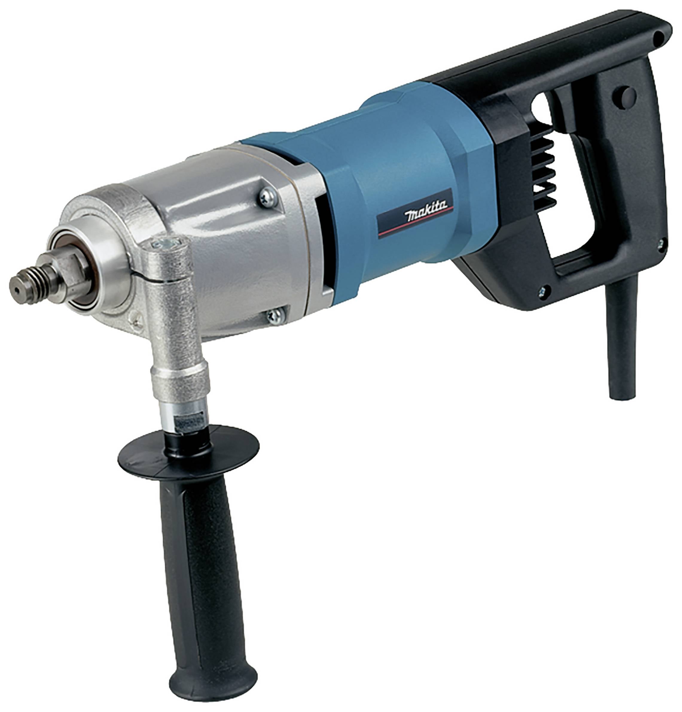 Elektrisk borrmaskin med blått och svart hölje, sidohandtag, lämplig för tunga borrningsarbeten.