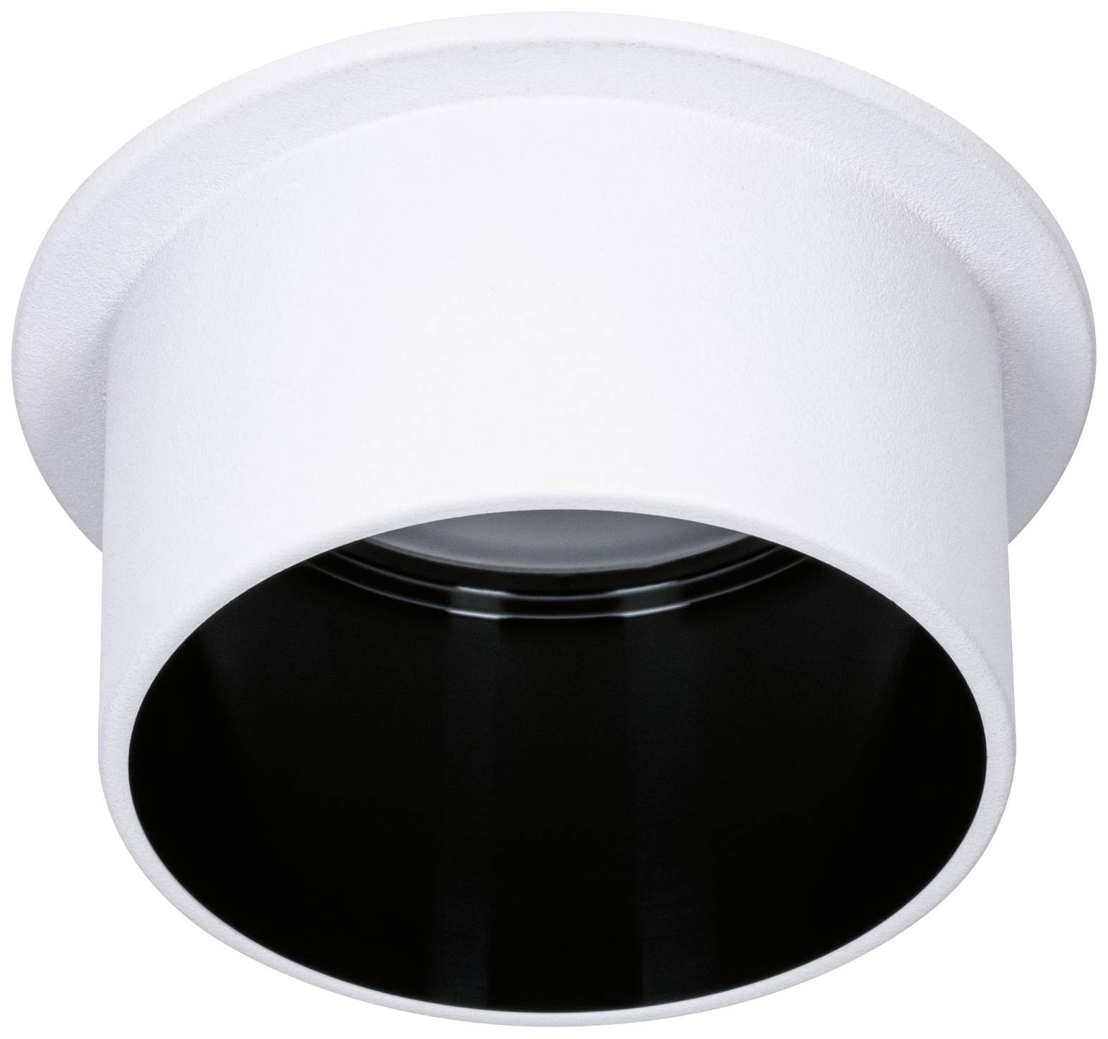 Vit cylindrisk lampa med svart invändigt, lämplig för infällning i tak för diskret belysning i moderna utrymmen.