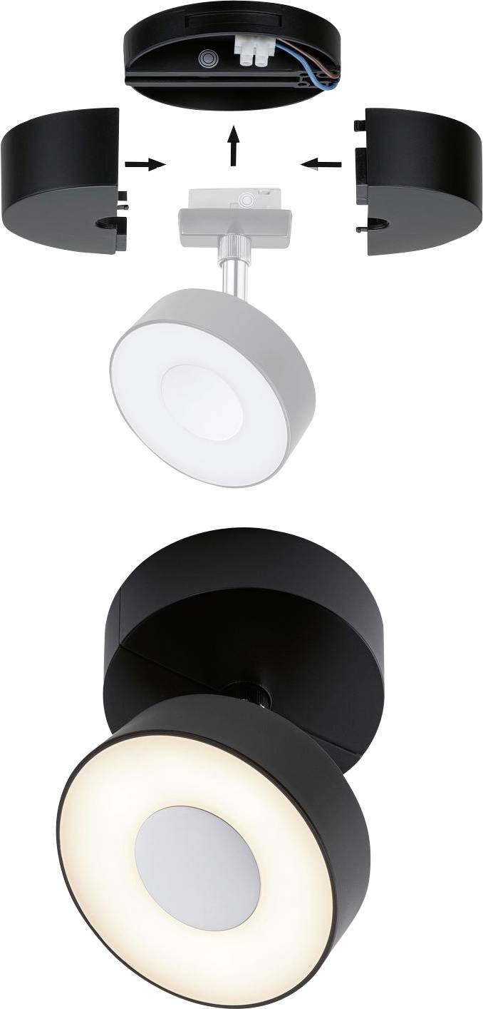 Sprängskiss av en LED-vägglampa. Överst fästet för takmontage, därunder den monterade lampskärmen som avger ljus.