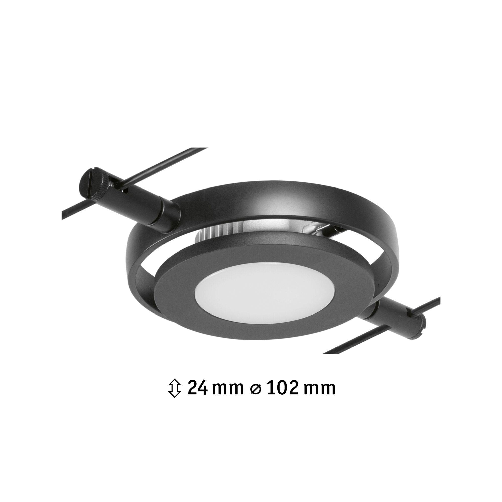 Rund svart taklampa med två vridbara fästen. Under lampan står det: '↕ 24 mm ø 102 mm'. Passar för moderna interiörer.