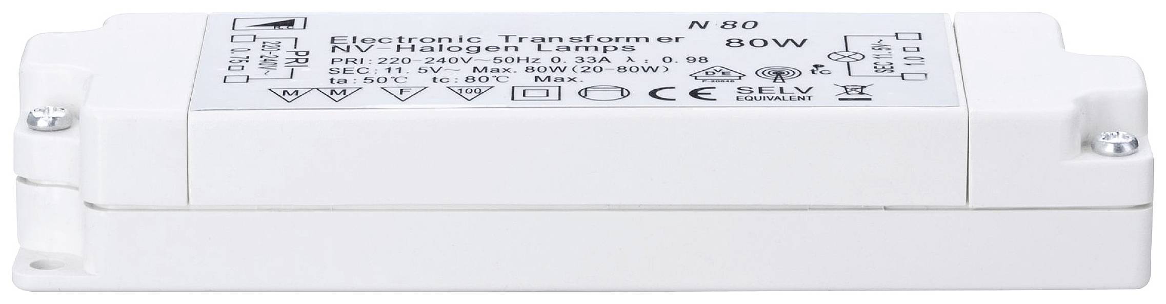 Elektronisk transformator för 12V halogenlampor, 80W, med tekniska specifikationer på ett vitt hölje.