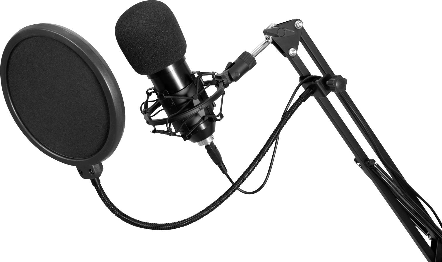 Mikrofon med popfilter på en justerbar arm. Lämplig för ljudinspelningar eller podcasts.