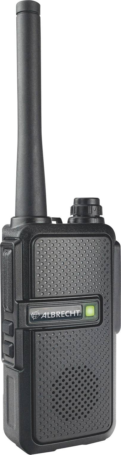 En svart Albrecht-walkie-talkie med lång antenn och grönt indikatorljus.