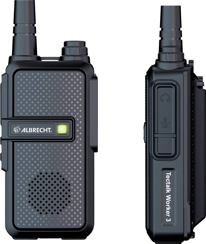 Två vyer av en svart Albrecht-walkie-talkie. Vänster vy med högtalare och grön LED-indikator. Höger vy med sidoknappar.